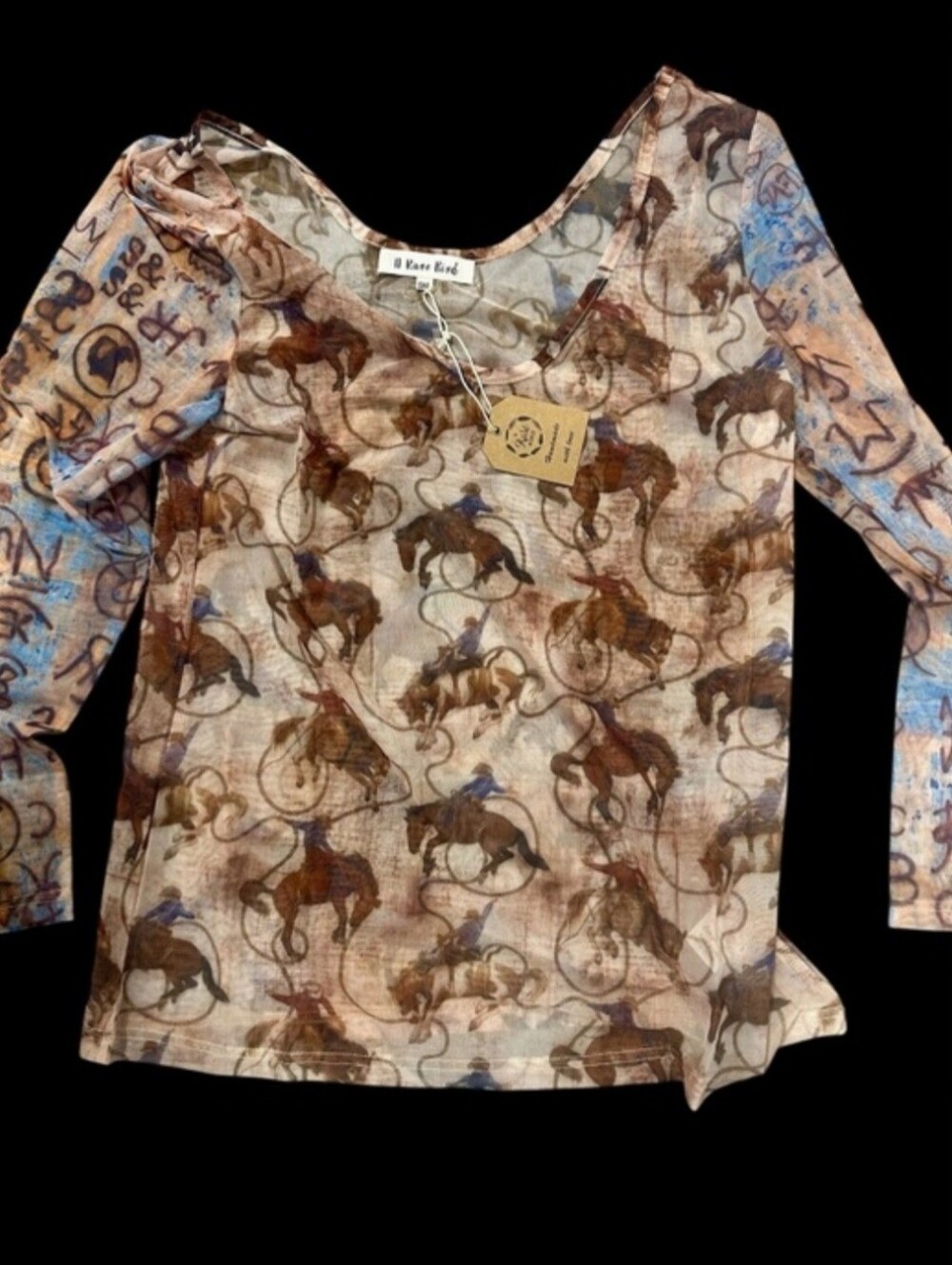 #1595 A Rare Bird Western Rodeo Bucking Bronco Mesh Top